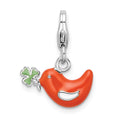 Amore La Vita Sterling Silver Rhodium-plated Polished Enameled Bird and Clover Charm with Fancy Lobster Clasp, 11 x 16 mm