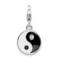 Amore La Vita Sterling Silver Rhodium-plated Polished Enameled Crystal Yin and Yang Charm with Fancy Lobster Clasp, 15 x 12 mm