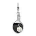 Amore La Vita Sterling Silver Rhodium-plated Polished Moveable Enameled Imitation Pearl Paddle Charm with Fancy Lobster Clasp, 24 x 12 mm