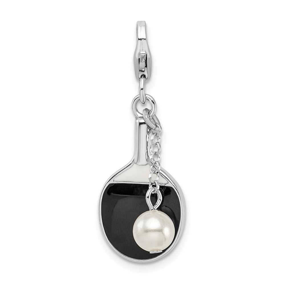 Amore La Vita Sterling Silver Rhodium-plated Polished Moveable Enameled Imitation Pearl Paddle Charm with Fancy Lobster Clasp, 24 x 12 mm