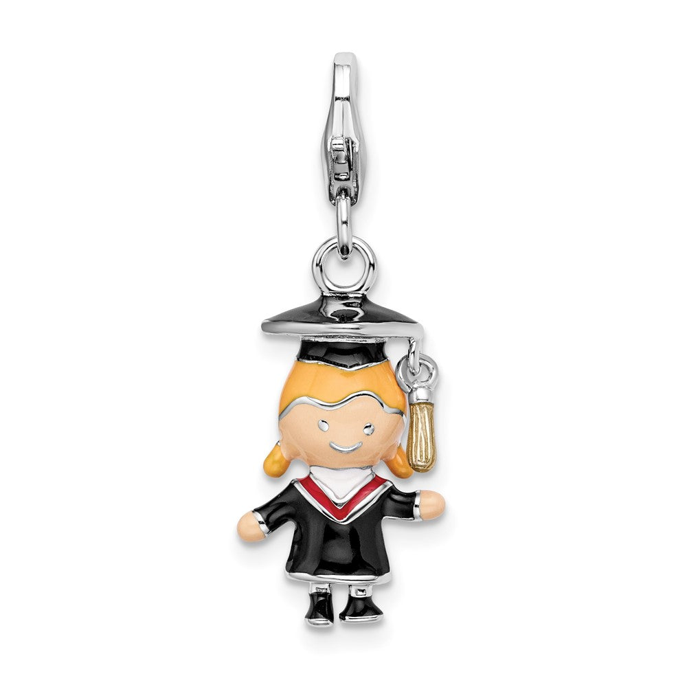 Amore La Vita Sterling Silver Rhodium-plated Polished 3-D Enameled Girl Graduate Charm with Fancy Lobster Clasp, 21 x 10 mm