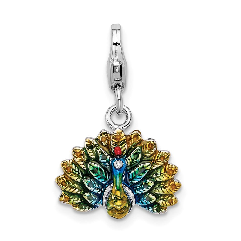 Amore La Vita Sterling Silver Rhodium-plated Polished 3-D Enameled Peacock Charm with Fancy Lobster Clasp, 14 x 15 mm