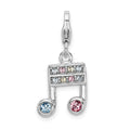 Amore La Vita Sterling Silver Rhodium-plated Polished Pink Blue and Yellow Crystal Music Note Charm with Fancy Lobster Clasp, 17 x 12 mm