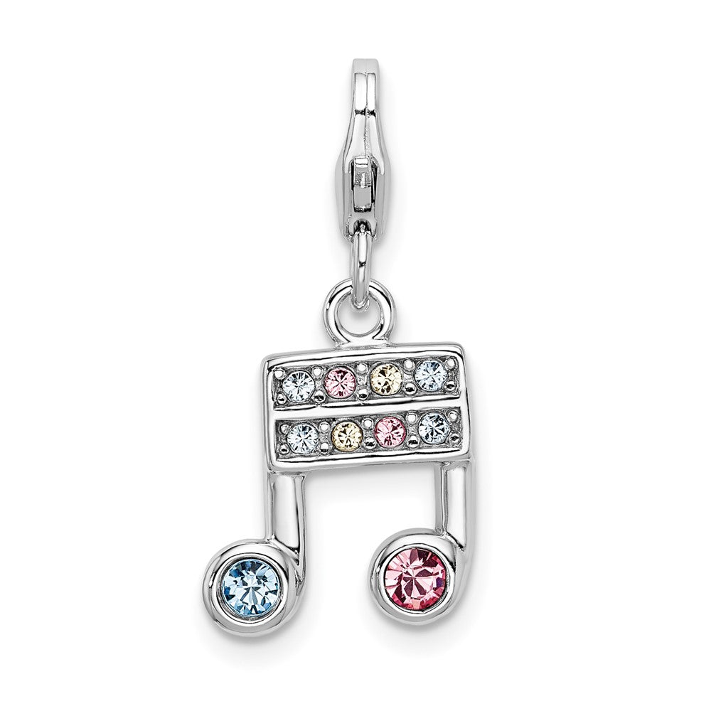 Amore La Vita Sterling Silver Rhodium-plated Polished Pink Blue and Yellow Crystal Music Note Charm with Fancy Lobster Clasp, 17 x 12 mm