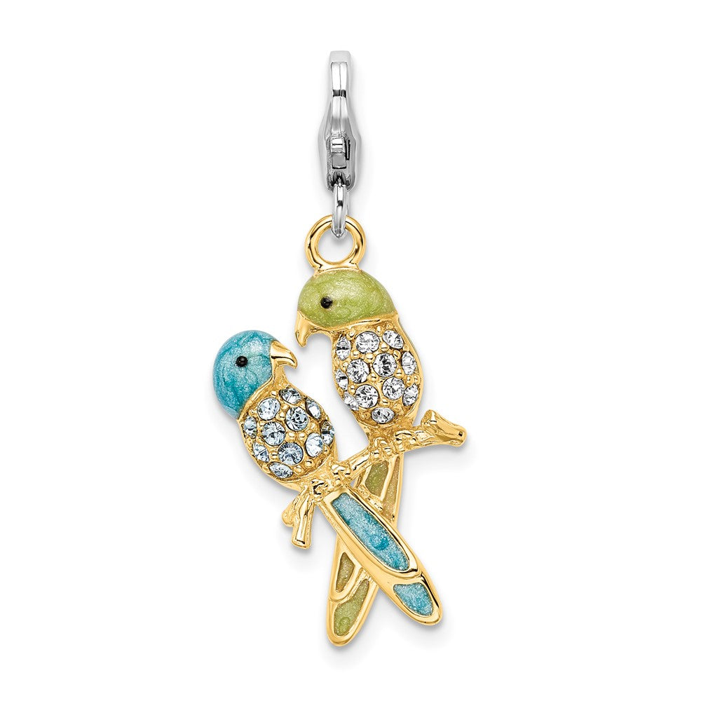 Amore La Vita Sterling Silver Rhodium-plated and Gold-plated Polished 3-D Glitter Enameled Crystal Love Birds Charm, 26 x 15 mm