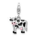 Amore La Vita Sterling Silver Rhodium-plated Polished Enameled 3-D Cow Charm with Fancy Lobster Clasp, 15 x 15 mm