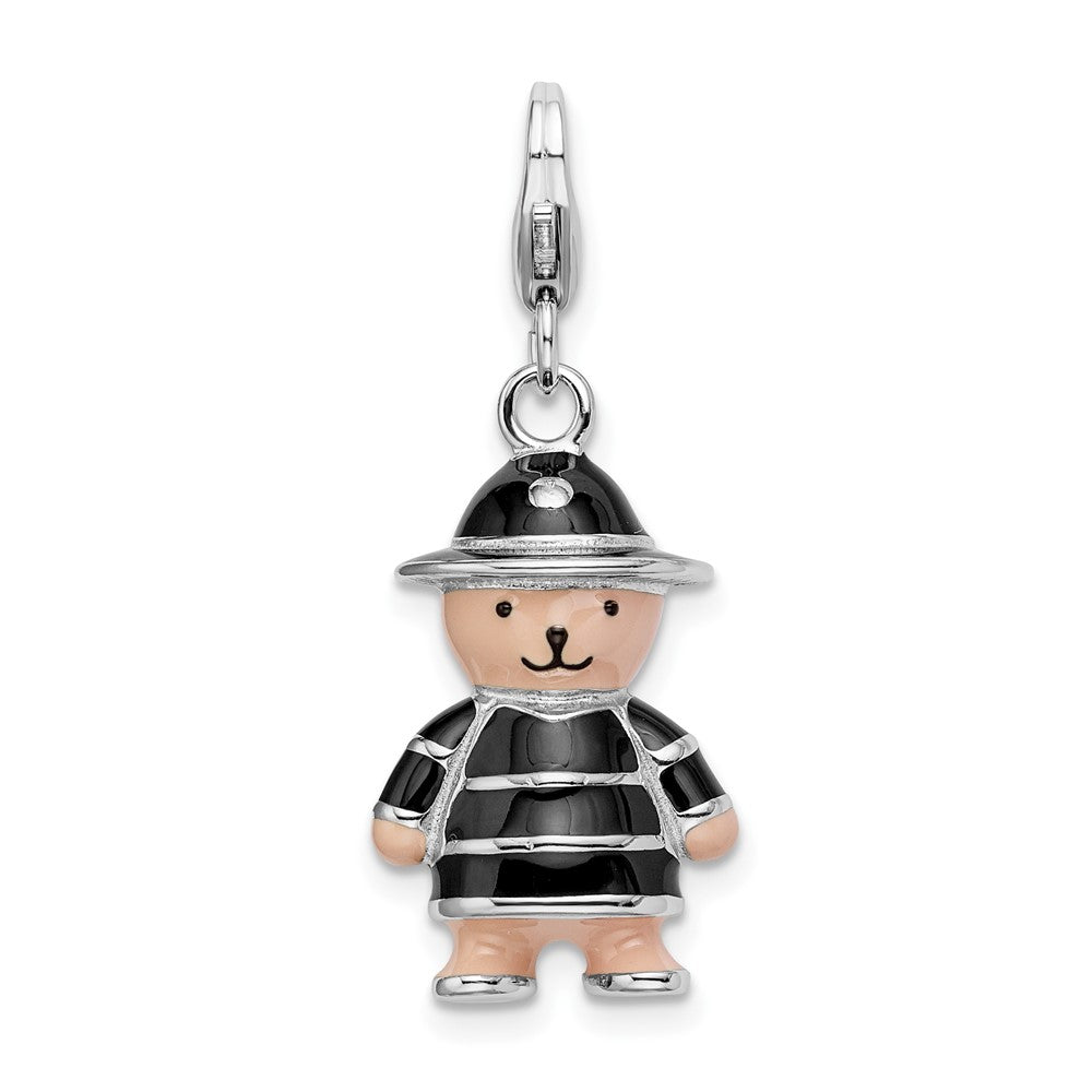 Amore La Vita Sterling Silver Rhodium-plated Polished 3-D Enameled Teddy Bear in Black Hat and Coat Charm with Fancy Lobster Clasp, 23 x 13 mm