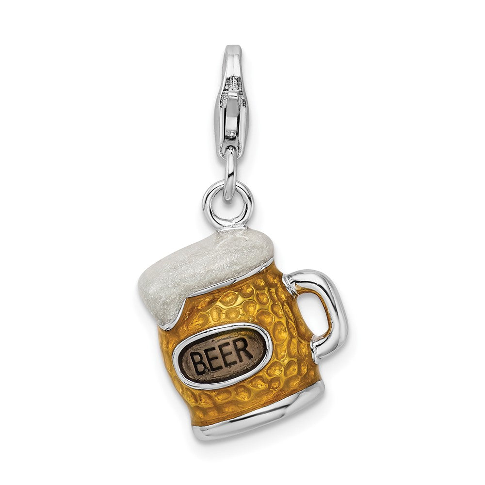 Amore La Vita Sterling Silver Rhodium-plated Polished 3-D Enameled BEER Mug Charm with Fancy Lobster Clasp, 18 x 15 mm