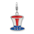 Amore La Vita Sterling Silver Rhodium-plated Polished Enameled USA Hat Charm with Fancy Lobster Clasp, 20 x 16 mm