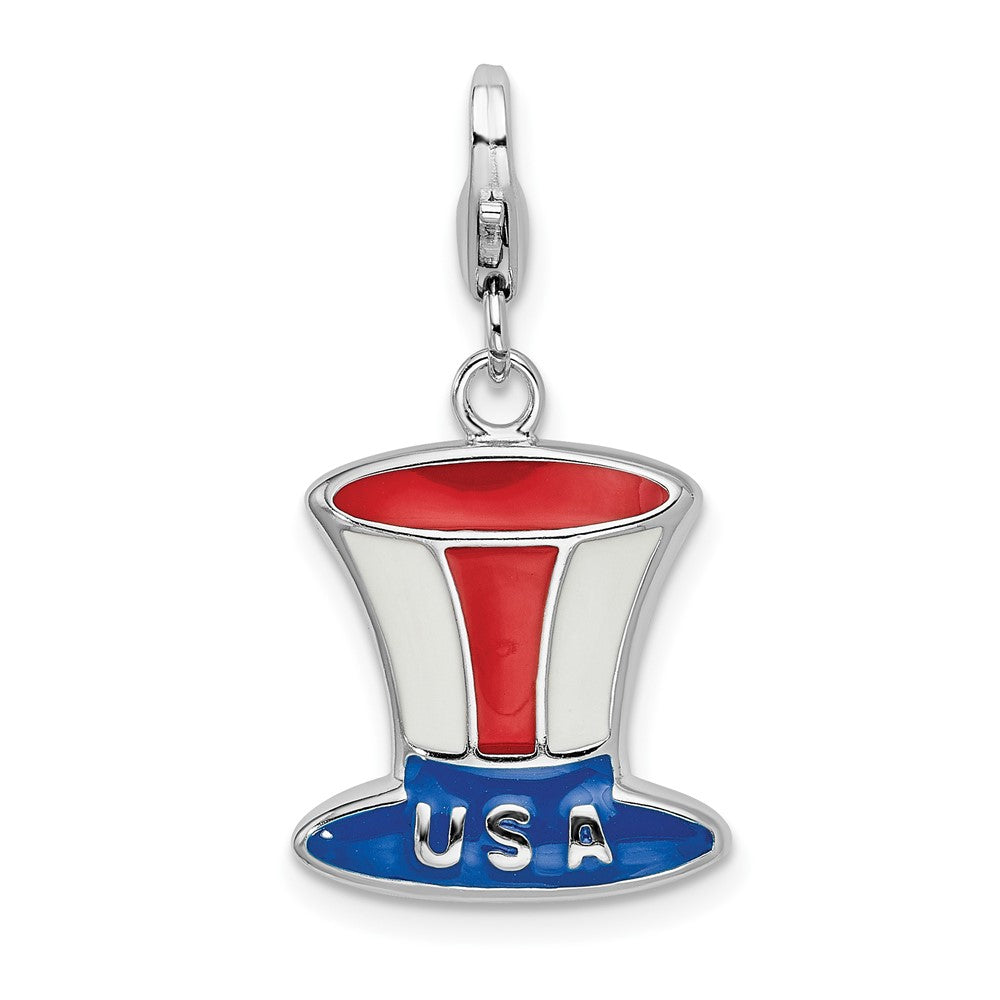 Amore La Vita Sterling Silver Rhodium-plated Polished Enameled USA Hat Charm with Fancy Lobster Clasp, 20 x 16 mm
