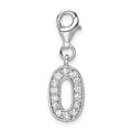 Amore La Vita Sterling Silver Rhodium-plated Polished CZ Numeral 0 Charm with Fancy Lobster Clasp, 0.5 x 8 mm