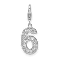 Sterling Silver RH CZ Numeral 6 w/Lobster Clasp Charm, 0.5 x 8 mm