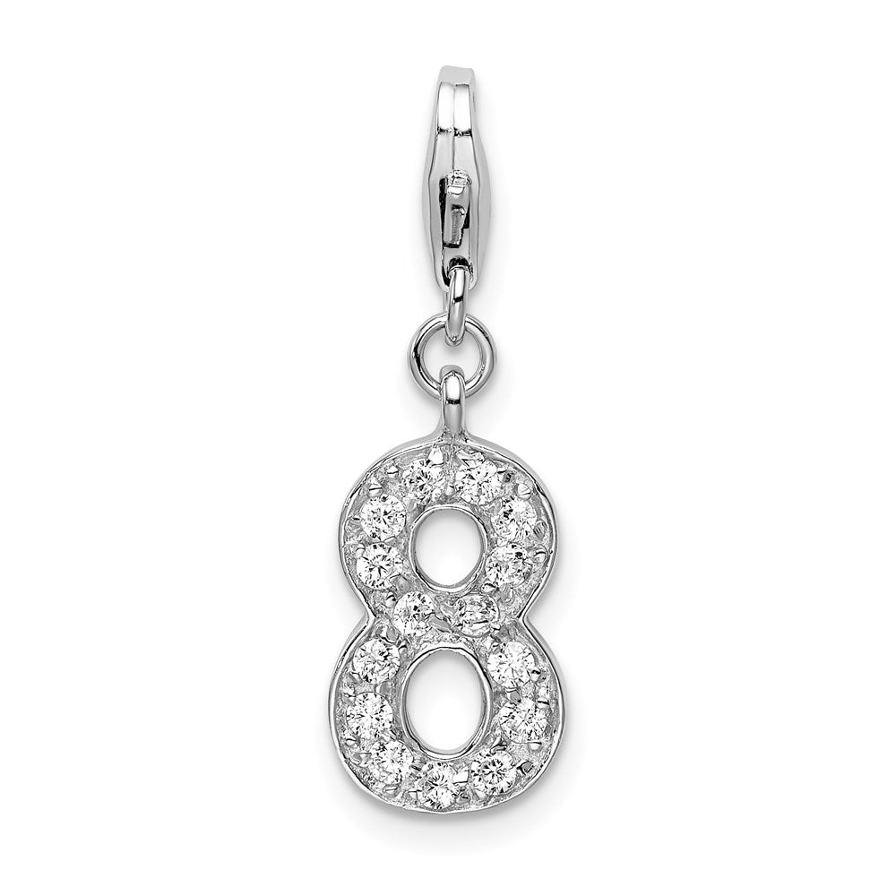 Sterling Silver RH CZ Numeral 8 w/Lobster Clasp Charm, 0.5 x 8 mm