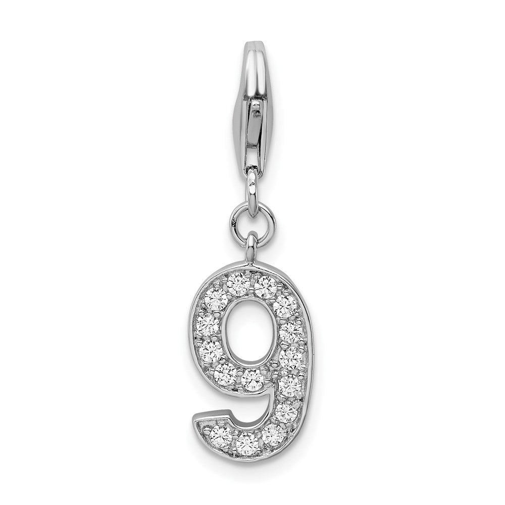 Sterling Silver RH CZ Numeral 9 w/Lobster Clasp Charm, 0.5 x 8 mm