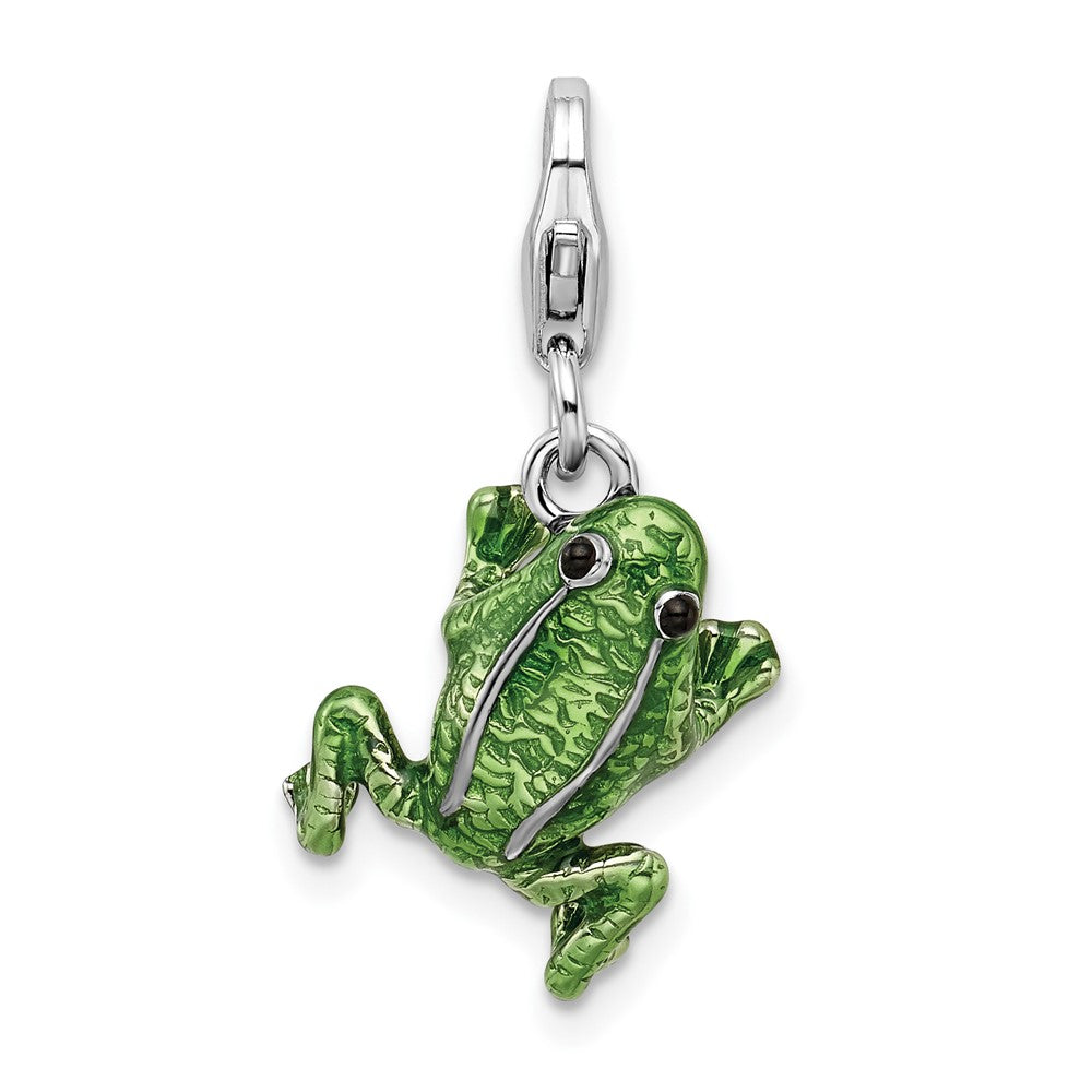 Amore La Vita Sterling Silver Rhodium-plated Polished 3-D Enameled Frog Charm with Fancy Lobster Clasp, 17 x 14 mm