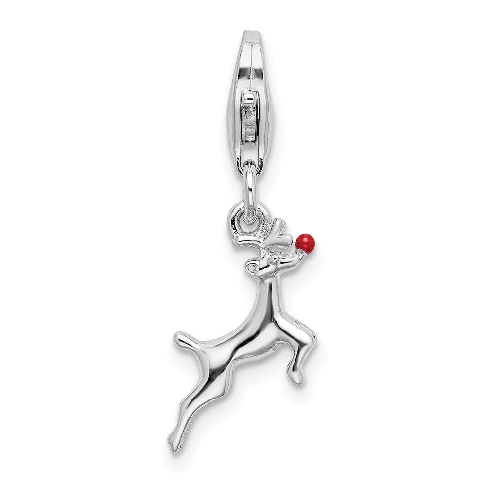 Amore La Vita Sterling Silver Rhodium-plated Polished 3-D Enameled Reindeer Charm with Fancy Lobster Clasp, 19 x 14 mm
