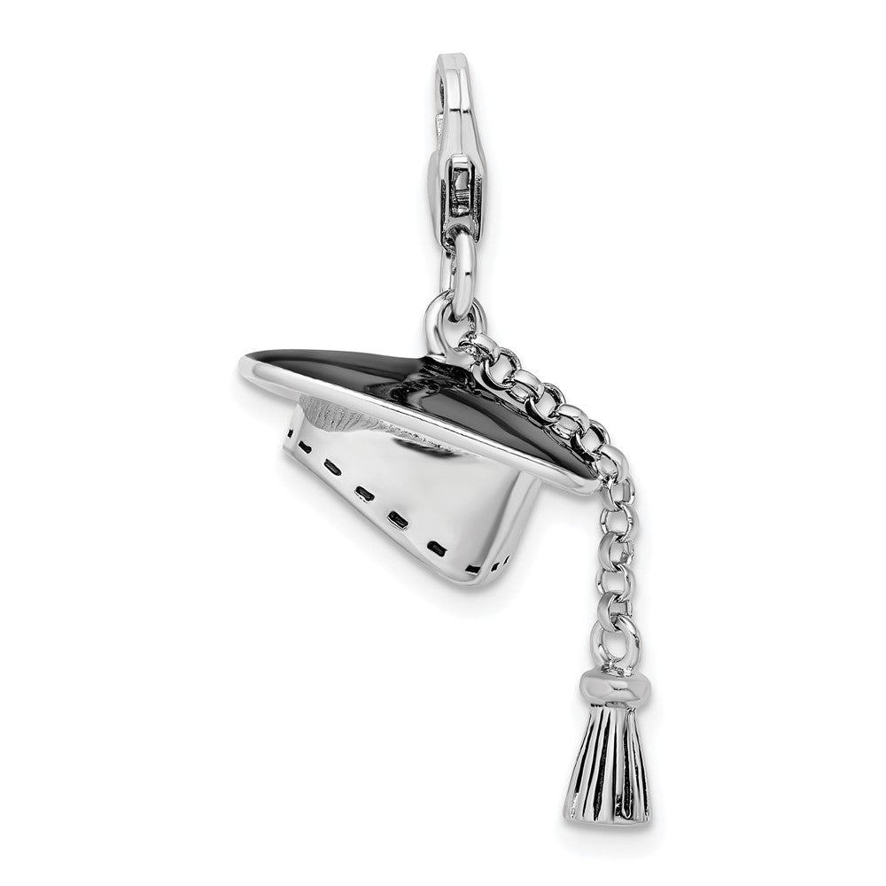 Amore La Vita Sterling Silver Rhodium-plated Polished 3-D Moveable Graduation Cap and Tassel Charm with Fancy Lobster Clasp, 34 x 20 mm