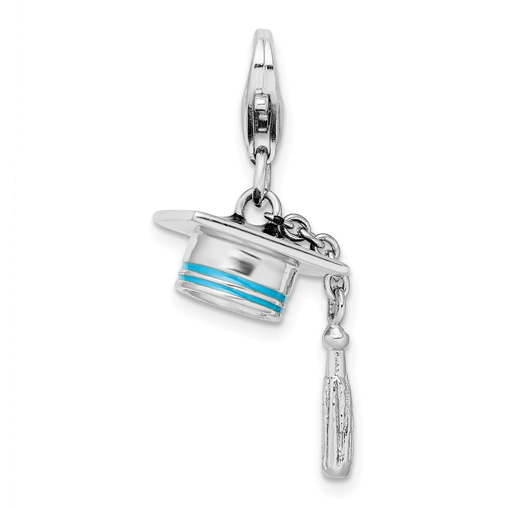 Amore La Vita Sterling Silver Rhodium-plated Polished 3-D Moveable Blue Enameled Graduation Cap Charm with Fancy Lobster Clasp, 9 x 13 mm