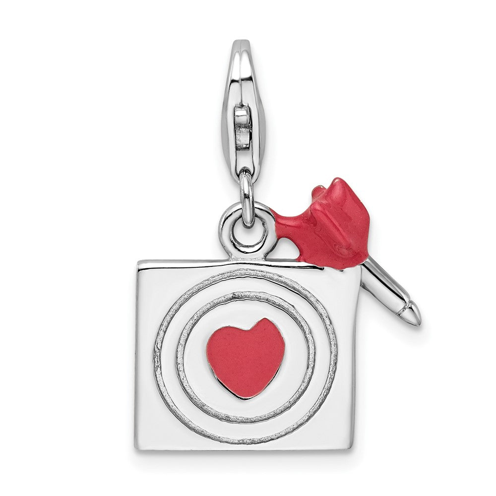 Amore La Vita Sterling Silver Rhodium-plated Polished Enameled Bullseye and Heart Arrow Charm with Fancy Lobster Clasp, 17 x 16 mm