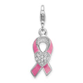 Amore La Vita Sterling Silver Rhodium-plated Polished 3-D Enameled With CZ Pink Awareness Ribbon and Heart Charm with Fancy Lobster Clasp, 22 x 10 mm