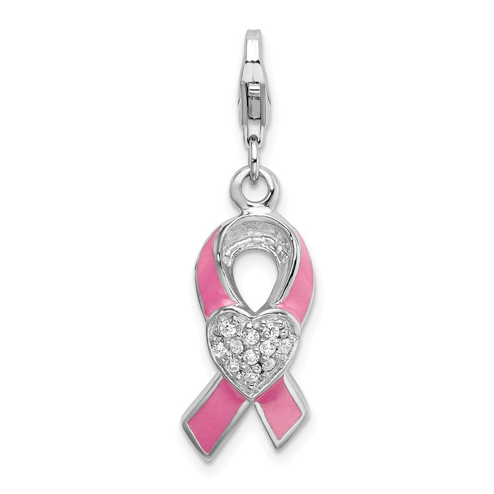 Amore La Vita Sterling Silver Rhodium-plated Polished 3-D Enameled With CZ Pink Awareness Ribbon and Heart Charm with Fancy Lobster Clasp, 22 x 10 mm