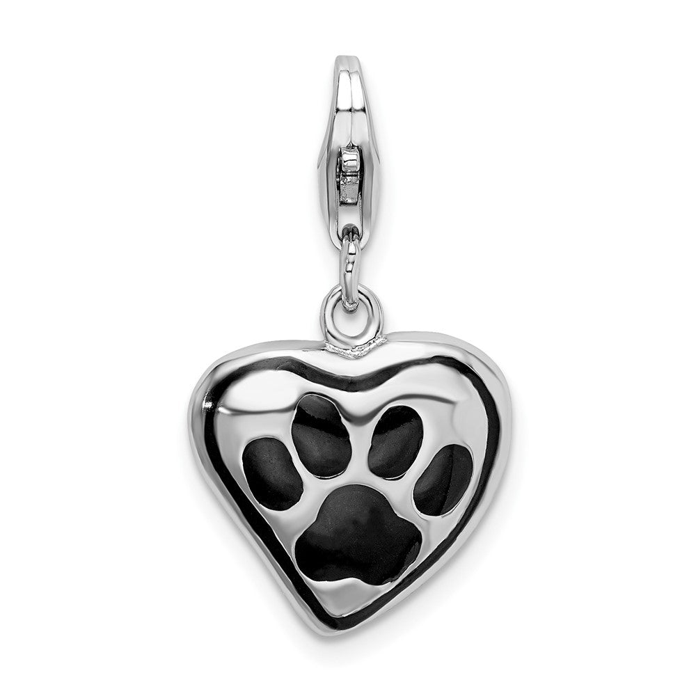 Amore La Vita Sterling Silver Rhodium-plated Polished Enameled Heart With Dog Paw Print Charm, 19 x 17 mm