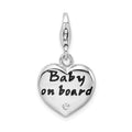 Amore La Vita Sterling Silver Rhodium-plated Polished Enameled CZ BABY ON BOARD Heart Charm with Fancy Lobster Clasp, 17 x 15 mm