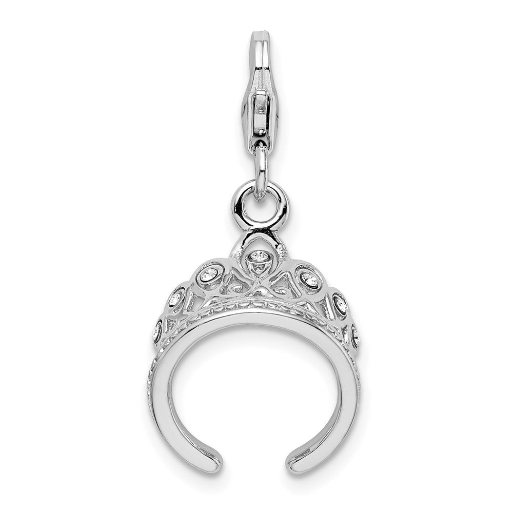 Amore La Vita Sterling Silver Rhodium-plated Polished 3-D Crystal Tiara Charm with Fancy Lobster Clasp, 33 x 15 mm