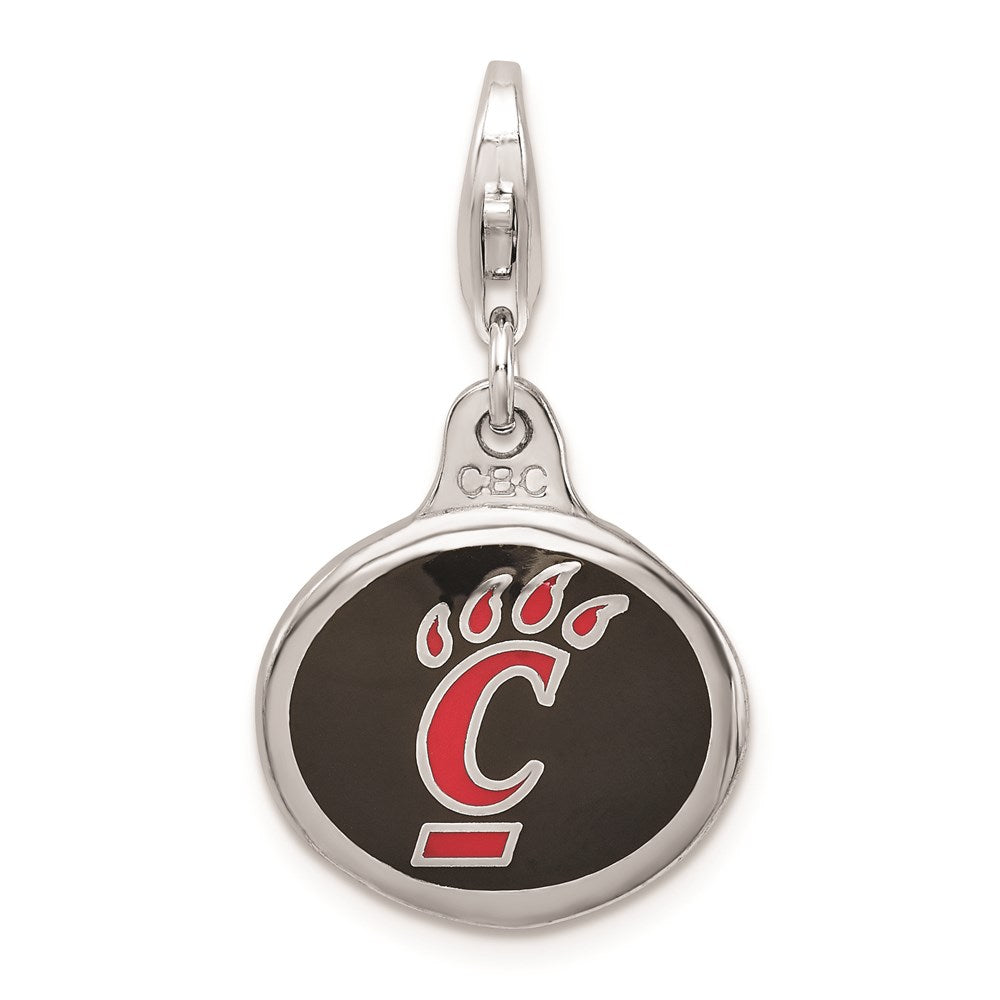 Amore La Vita Sterling Silver Rhodium-plated Polished Enameled University of Cincinnati Charm with Fancy Lobster Clasp, 18 x 16 mm