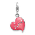 Amore La Vita Sterling Silver Rhodium-plated Polished 3-D Pink Enameled Love Heart Charm with Fancy Lobster Clasp, 37 x 14 mm