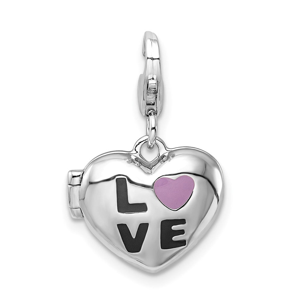 Amore La Vita Sterling Silver Rhodium-plated Polished 3-D Enameled CZ LOVE Heart Locket Charm with Fancy Lobster Clasp, 22.7 x 14.6 mm