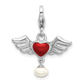 Amore La Vita Sterling Silver Rhodium-plated Polished 3-D Winged Enameled Red Heart and Freshwater Cultured Pearl Dangle Charm with Fancy Lobster Clasp, 34 x 21 mm