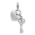 Amore La Vita Sterling Silver Rhodium-plated Polished CZ Heart and Key Charm with Fancy Lobster Clasp, 42 x 16 mm