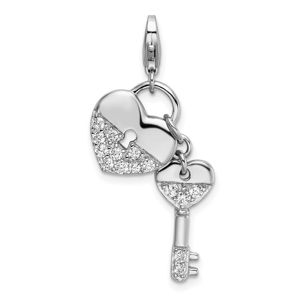 Amore La Vita Sterling Silver Rhodium-plated Polished CZ Heart and Key Charm with Fancy Lobster Clasp, 42 x 16 mm