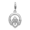 Amore La Vita Sterling Silver Rhodium-plated Polished Clear CZ Claddagh Charm with Fancy Lobster Clasp, 38 x 15 mm