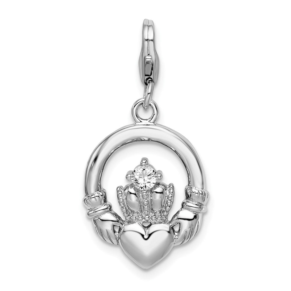 Amore La Vita Sterling Silver Rhodium-plated Polished Clear CZ Claddagh Charm with Fancy Lobster Clasp, 38 x 15 mm
