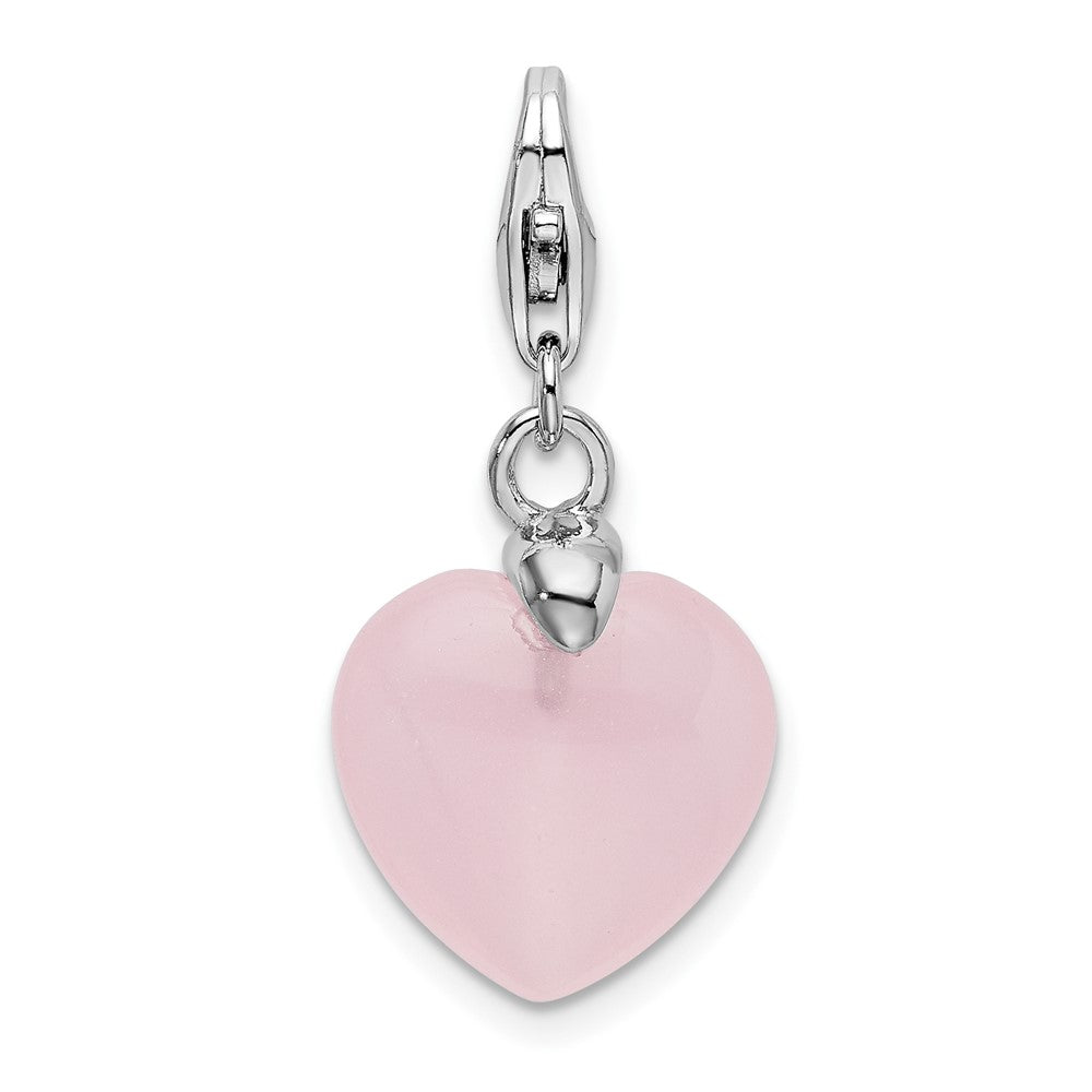 Amore La Vita Sterling Silver Rhodium-plated Polished 3-D Rose Quartz Heart Charm with Fancy Lobster Clasp, 37 x 13 mm