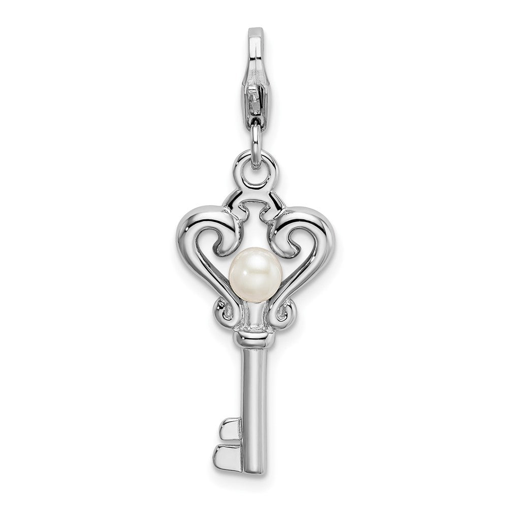 Amore La Vita Sterling Silver Rhodium-plated Polished Freshwater Cultured Pearl Key Charm with Fancy Lobster Clasp, 43 x 12 mm