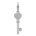 Amore La Vita Sterling Silver Rhodium-plated Polished Clear CZ Heart Top Key Charm with Fancy Lobster Clasp, 45 x 9 mm