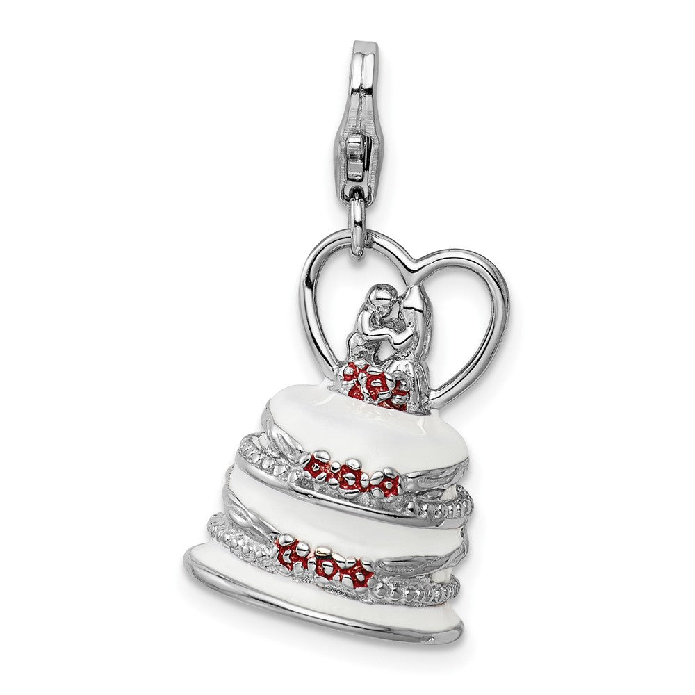 Amore La Vita Sterling Silver Rhodium-plated Polished 3-D Enameled Wedding Cake Charm with Fancy Lobster Clasp, 37 x 15 mm