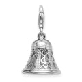 Amore La Vita Sterling Silver Rhodium-plated Polished 3-D Movable Bell Charm with Fancy Lobster Clasp, 35 x 15 mm