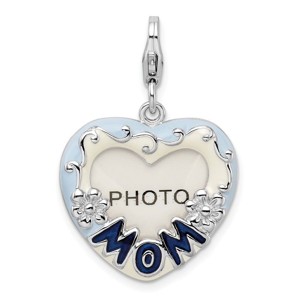 Amore La Vita Sterling Silver Rhodium-plated Polished Blue Enameled MOM Photo Charm with Fancy Lobster Clasp, 30.75 x 20.3 mm