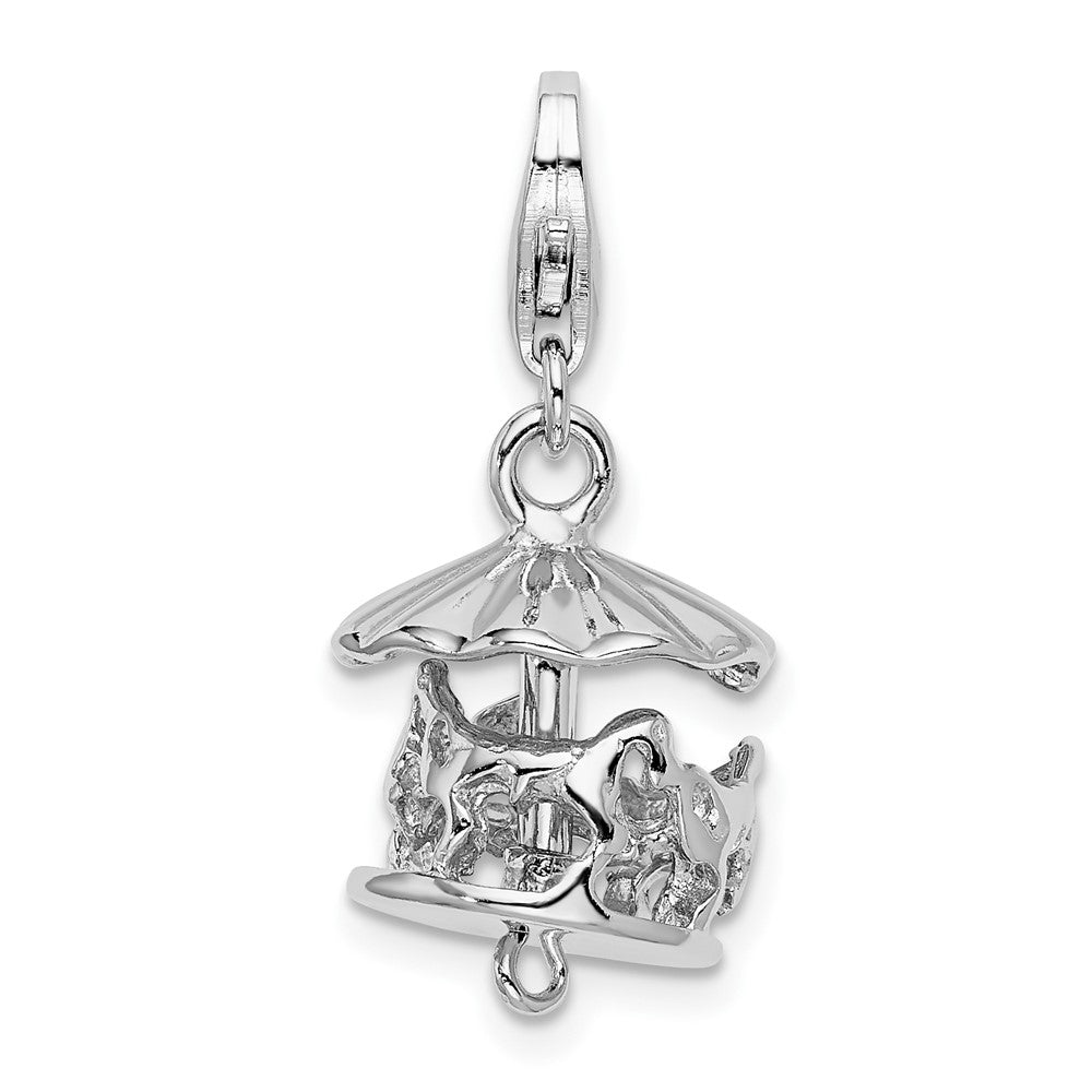 Amore La Vita Sterling Silver Rhodium-plated Polished 3-D Moveable Carousel Charm with Fancy Lobster Clasp, 35 x 13 mm