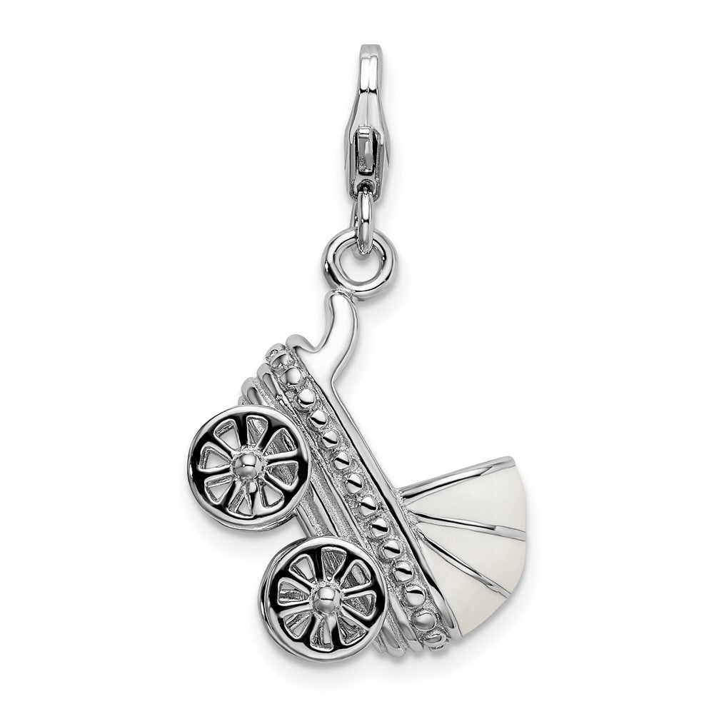 Amore La Vita Sterling Silver Rhodium-plated Polished 3-D Enameled Baby Carriage Charm with Fancy Lobster Clasp, 40 x 17 mm