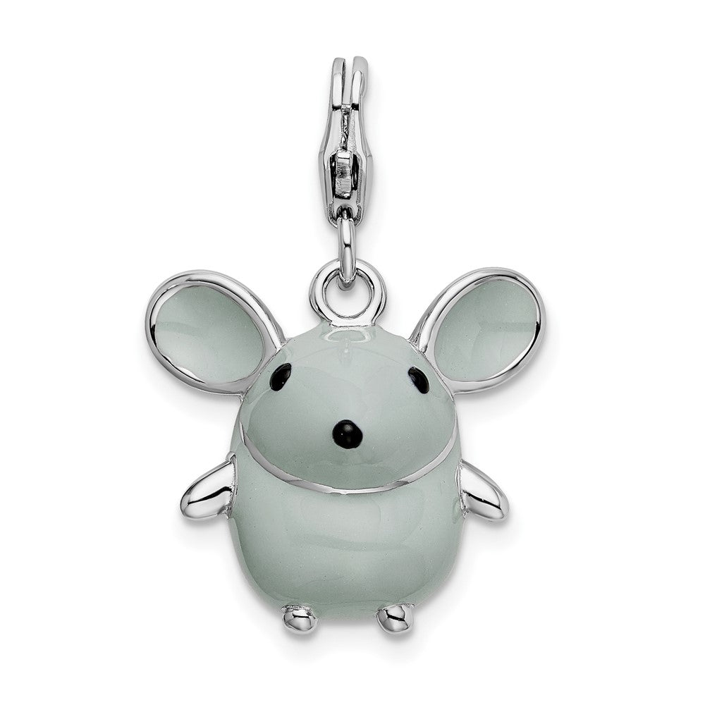 Amore La Vita Sterling Silver Rhodium-plated Polished 3-D Enameled Grey Mouse Charm with Fancy Lobster Clasp, 36 x 18 mm