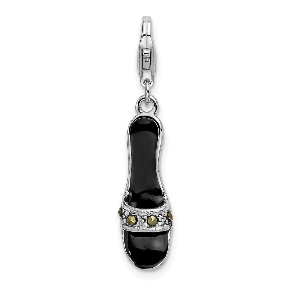Amore La Vita Sterling Silver Rhodium-plated Polished 3-D Black Enameled and Marcasite Shoe Charm with Fancy Lobster Clasp, 36 x 7 mm