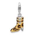 Amore La Vita Sterling Silver Rhodium-plated Polished 3-D CZ Enameled Leopard Print Boot Charm with Fancy Lobster Clasp, 15 x 12 mm