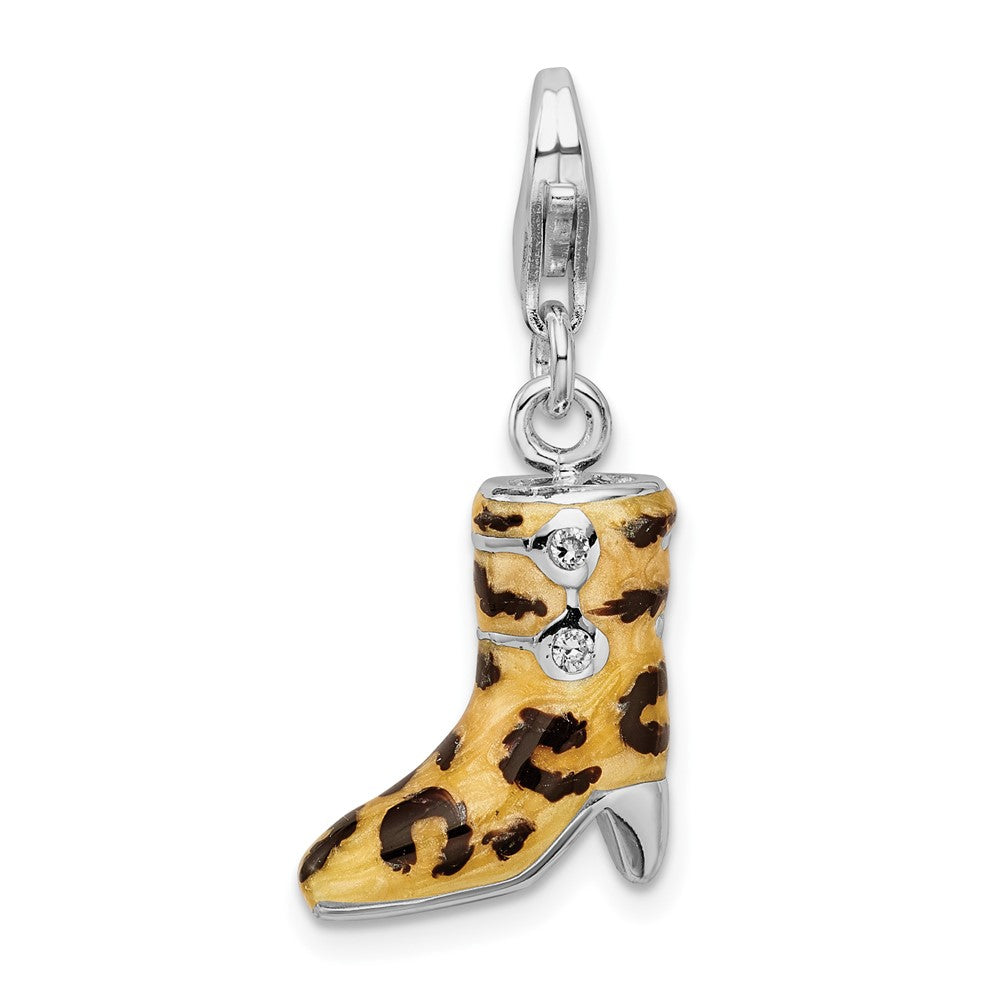 Amore La Vita Sterling Silver Rhodium-plated Polished 3-D CZ Enameled Leopard Print Boot Charm with Fancy Lobster Clasp, 15 x 12 mm