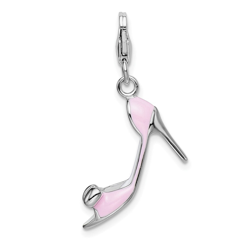 Amore La Vita Sterling Silver Rhodium-plated Polished 3-D Pink Enameled Bow-top High Heel Charm with Fancy Lobster Clasp, 39 x 15 mm
