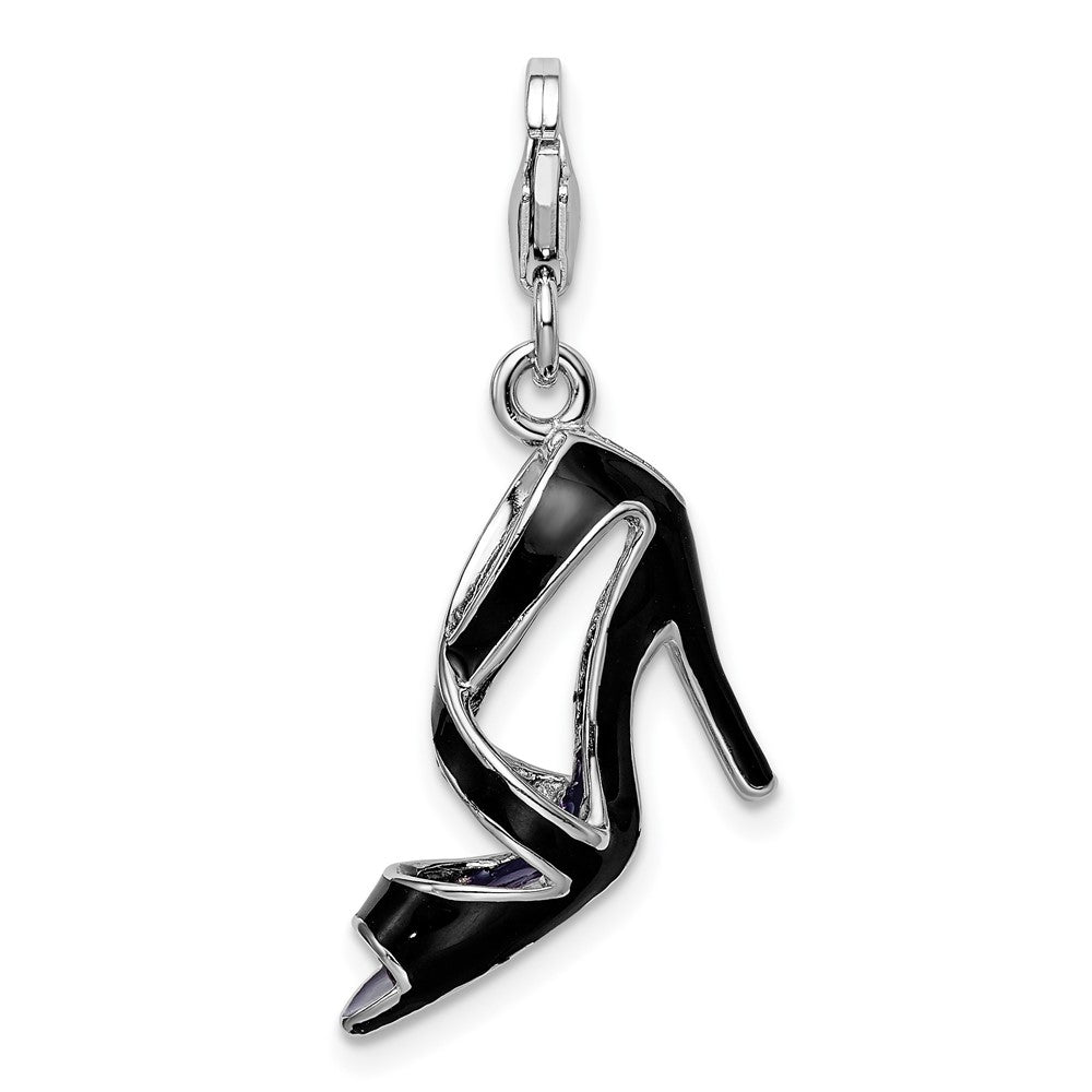 Amore La Vita Sterling Silver Rhodium-plated Polished 3-D Enameled Black High Heel Charm with Fancy Lobster Clasp, 41 x 14 mm